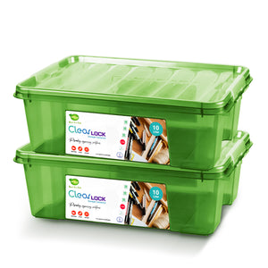 Two large green Clear Lock storage boxes with stackable design, each box with '10Litre' capacity 