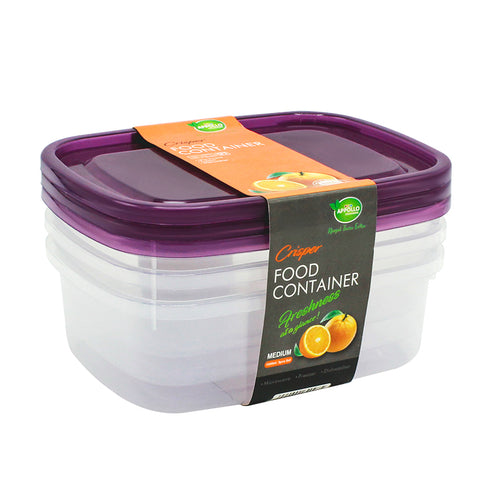 A clear plastic food storage container with a purple lid, labeled as a 'Crisper Food Container' for dry food items, with product details visible on the label.