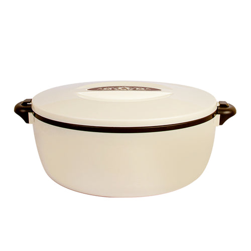 A white, oval-shaped stainless steel food warmer with a lid and dark brown handles.