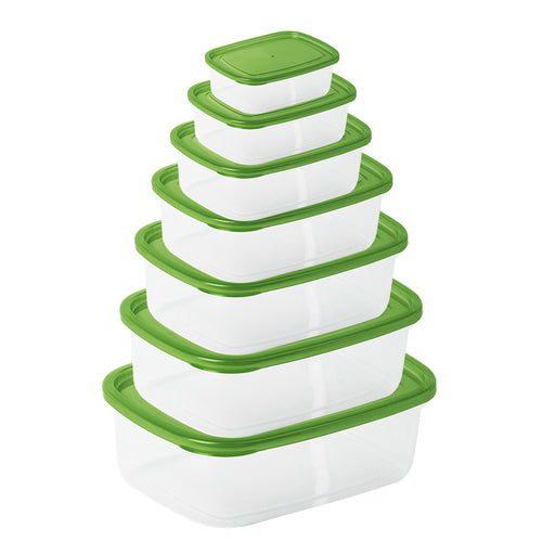 A set of seven white food storage containers with olive lids, varying in size, stacked together.