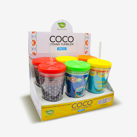 COCO Straw Tumbler 500ML Pack of 6 with colorful Pakistani truck art print and reusable transparent straws – available in orange, yellow, red, and green