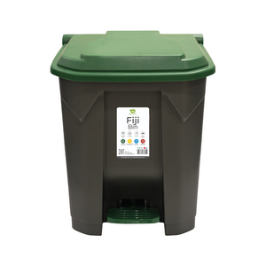 A black Fiji Bin with a green lid, equipped with a foot-pedal mechanism and color-coded labels for recycling.