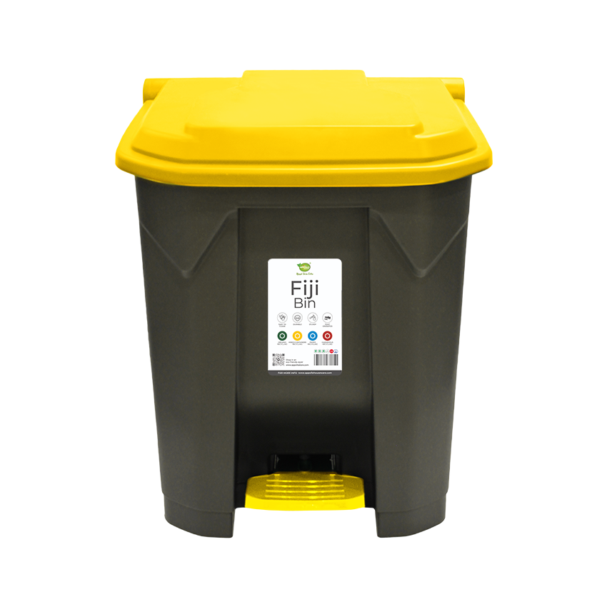 A black Fiji Bin with ayello lid, equipped with a foot-pedal mechanism